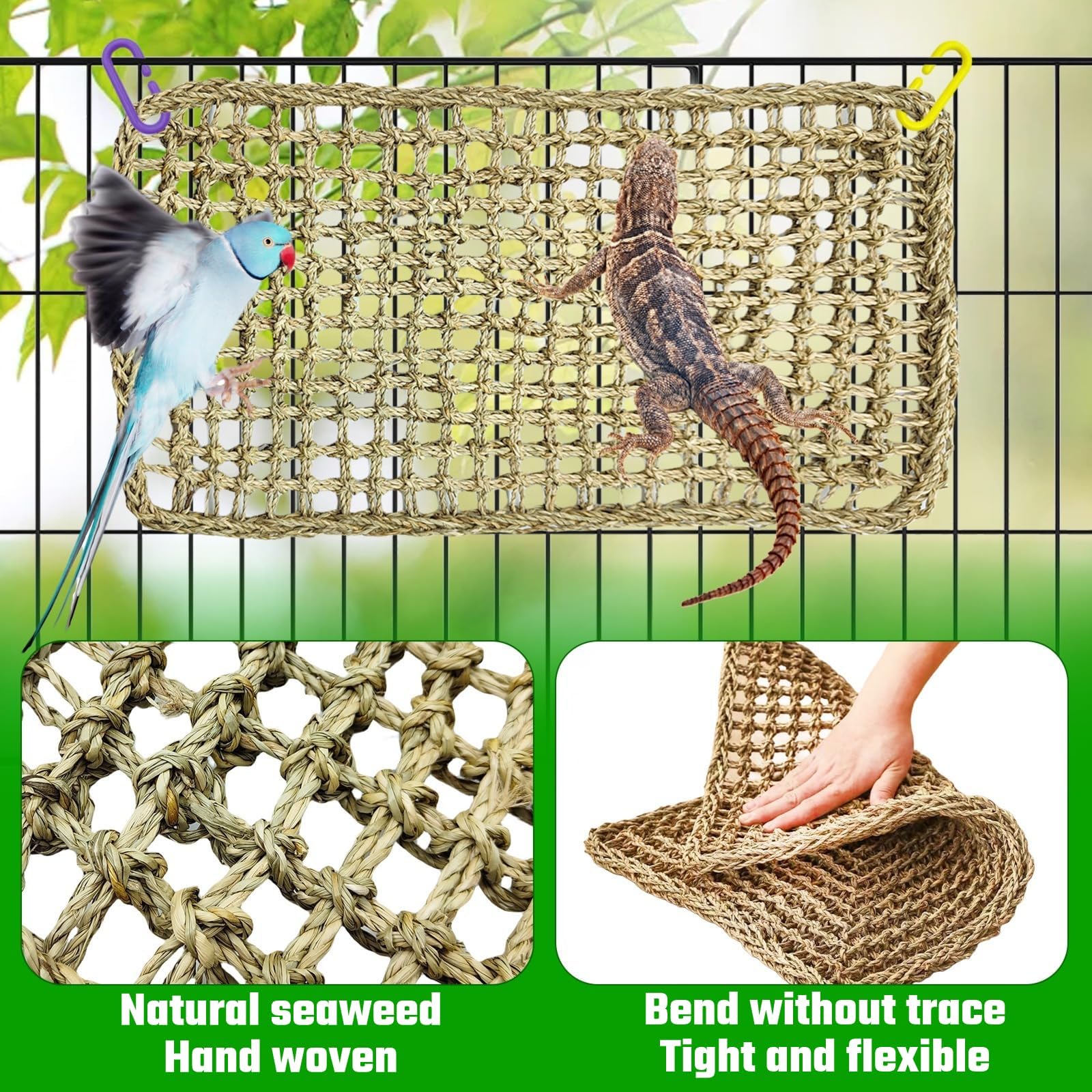 Large Bird Seagrass Mat 23.7  13.8  Natural Seagrass Woven Bird Net Hammock Climbing Rope Ladder with Hooks Chew Toy for Parro